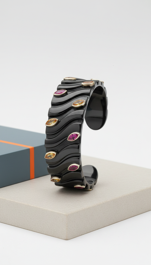 Obsidian Black Waveform Cuff Bracelet